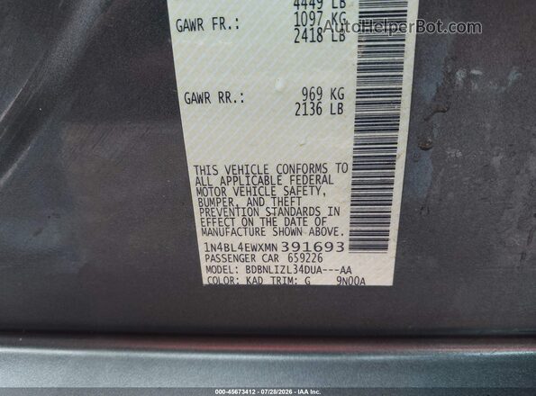 1N4BL4EWXMN391693 2021 NISSAN ALTIMA Gray Вид підкапотного простору