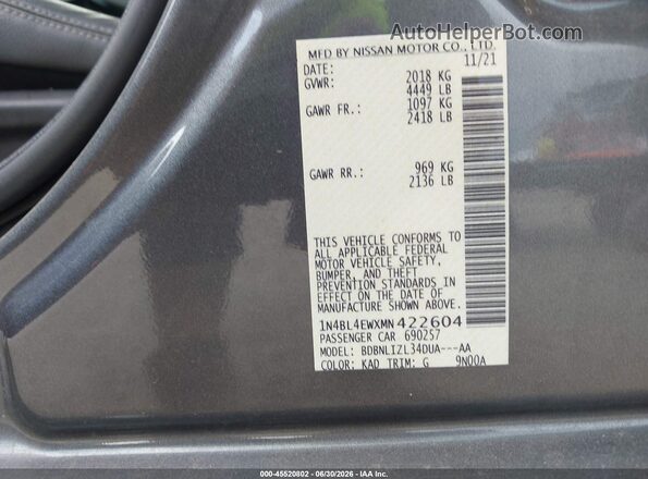 1N4BL4EWXMN422604 2021 NISSAN ALTIMA Silver ძრავის განყოფილების ხედი