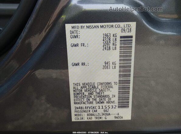 1N4BL4FV1KC115532 2019 NISSAN ALTIMA Gray Շարժիչի բաժամունքի տեսք