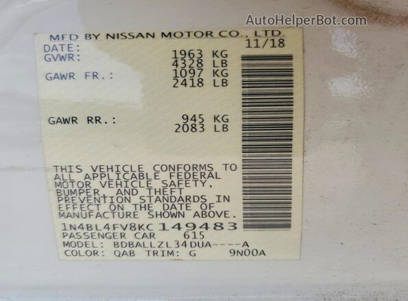 1N4BL4FV8KC149483 2019 NISSAN ALTIMA White Widok komory silnika