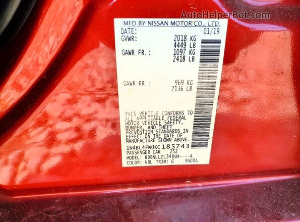 1N4BL4FW0KC185743 2019 NISSAN ALTIMA Красный Вид подкапотного пространства