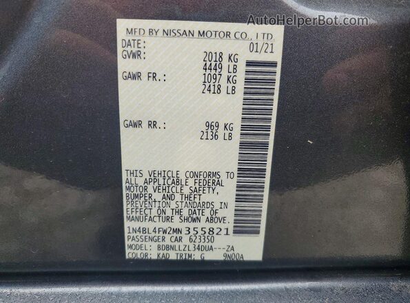 1N4BL4FW2MN355821 2021 NISSAN ALTIMA Серый Вид подкапотного пространства