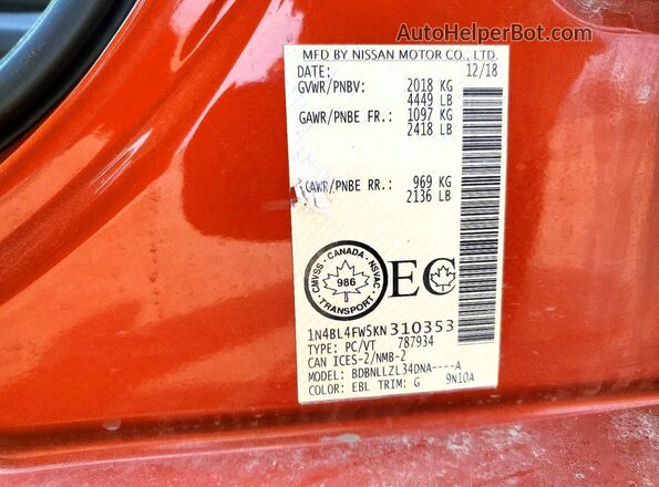 1N4BL4FW5KN310353 2019 NISSAN ALTIMA Orange Вид підкапотного простору