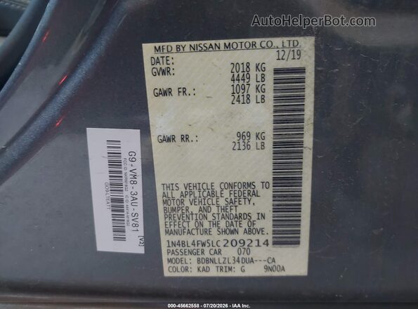1N4BL4FW5LC209214 2020 NISSAN ALTIMA Gray ძრავის განყოფილების ხედი