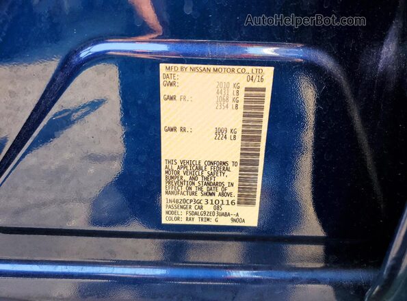 1N4BZ0CP3GC310116 2016 NISSAN LEAF Blue Vista del compartimento del motor