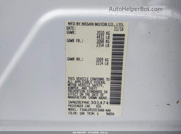 1N4BZ0CP4HC301474 2017 NISSAN LEAF White VIN sticker view