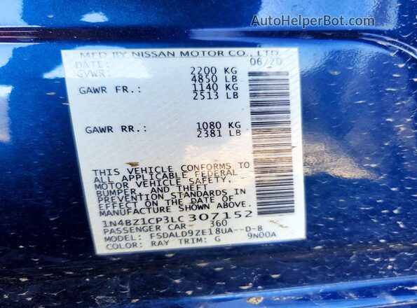 1N4BZ1CP3LC307152 2020 NISSAN LEAF Blue VIN კოდის სტიკერის ხედი