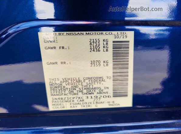 1N4BZ1CP7KC319206 2019 NISSAN LEAF Blue Vista de la etiqueta del VIN