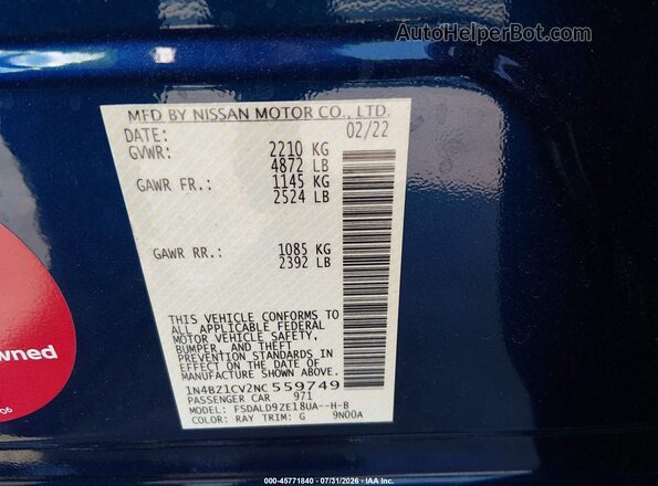 1N4BZ1CV2NC559749 2022 NISSAN LEAF Blue Widok komory silnika