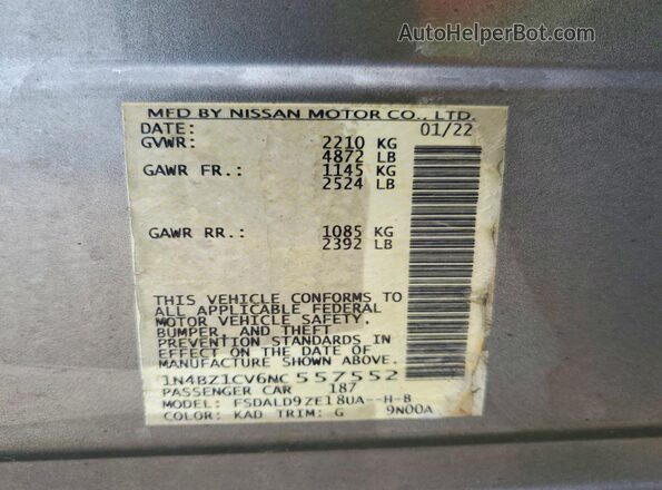 1N4BZ1CV6NC557552 2022 NISSAN LEAF Gray VIN կոդի պիտակի տեսք