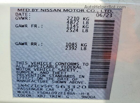1N4CZ1CV5PC563320 2023 NISSAN LEAF White Vista de la etiqueta del VIN