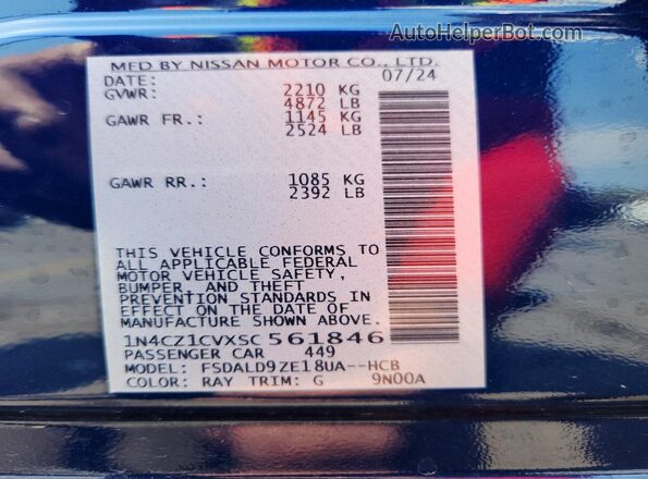 1N4CZ1CVXSC561846 2025 NISSAN LEAF Blue Vista de la etiqueta del VIN