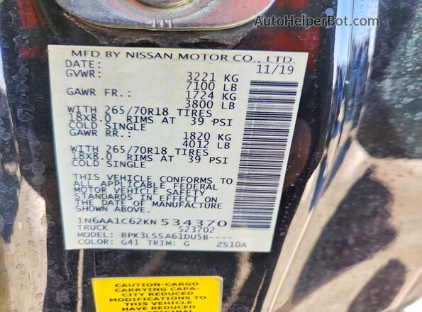 1N6AA1C62KN534370 2019 NISSAN TITAN Black Vista del compartimento del motor