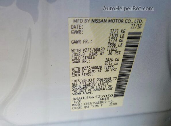 1N6AA1E67HN527050 2017 NISSAN TITAN White Vista del compartimento del motor