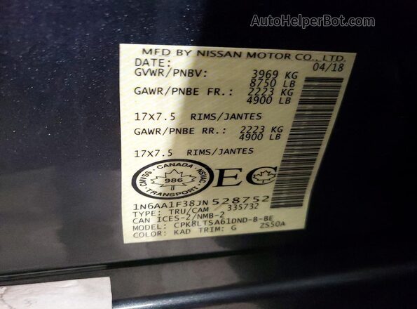 1N6AA1F38JN528752 2018 NISSAN TITAN Gray Շարժիչի բաժամունքի տեսք