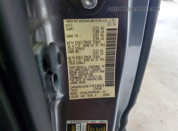 1N6AD0CU2GN745883 2016 NISSAN FRONTIER Gray Вид підкапотного простору