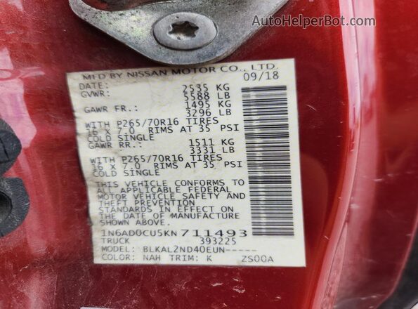 1N6AD0CU5KN711493 2019 NISSAN FRONTIER Red Vista de la etiqueta del VIN