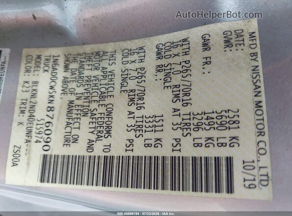 1N6AD0CW5KN876090 2019 NISSAN FRONTIER Silver Vista del compartimento del motor