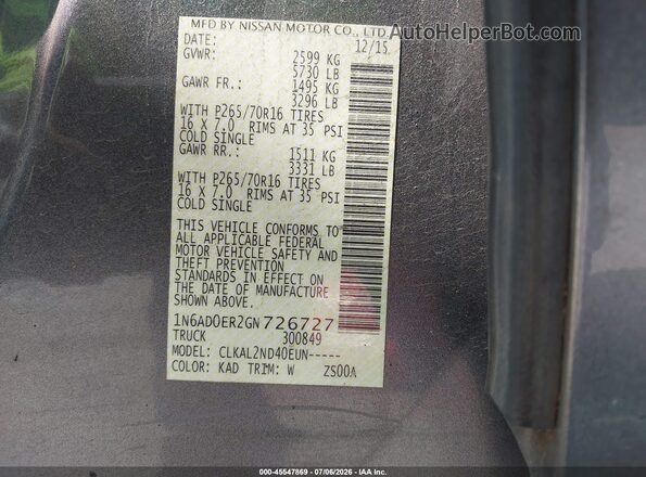1N6AD0ER2GN726727 2016 NISSAN FRONTIER Gray Вид підкапотного простору