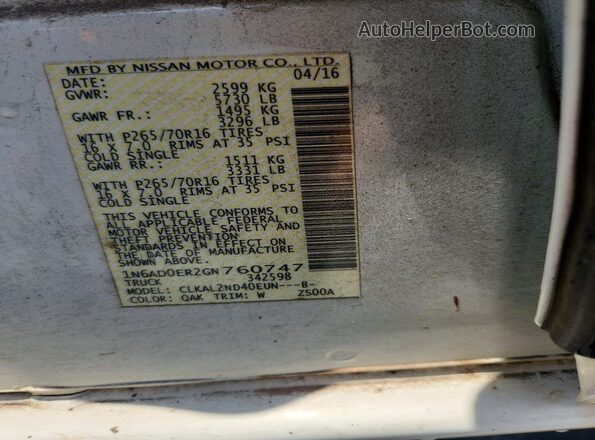 1N6AD0ER2GN760747 2016 NISSAN FRONTIER White Widok naklejki z numerem VIN