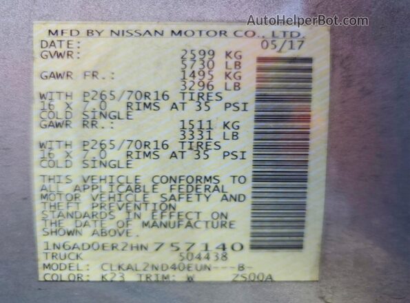1N6AD0ER2HN757140 2017 NISSAN FRONTIER Silver Вид наклейки з VIN-кодом