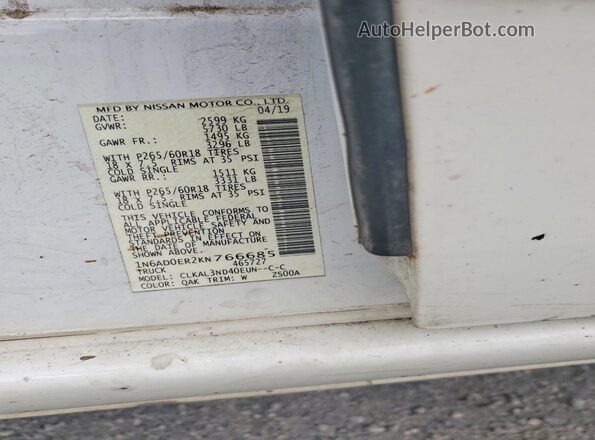 1N6AD0ER2KN766685 2019 NISSAN FRONTIER White Вид підкапотного простору