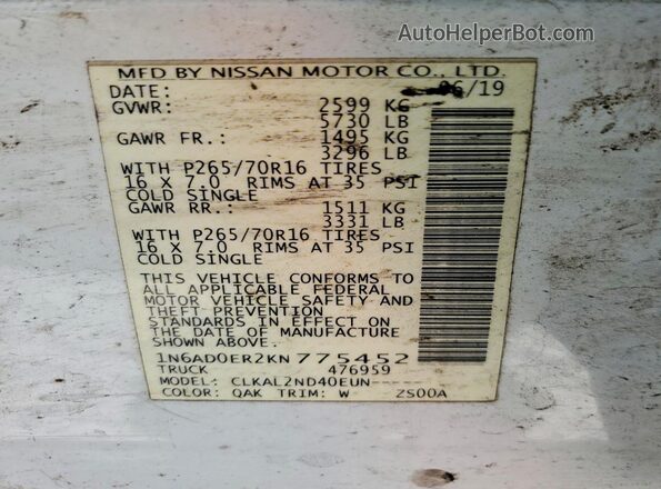 1N6AD0ER2KN775452 2019 NISSAN FRONTIER Белый Вид подкапотного пространства