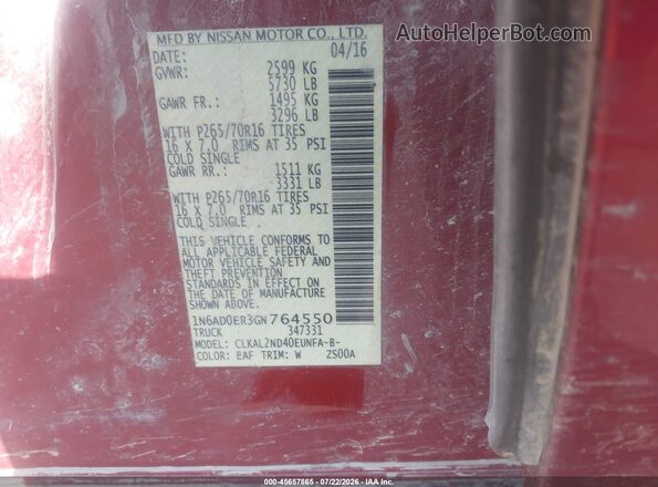 1N6AD0ER3GN764550 2016 NISSAN FRONTIER Red Вид наклейки з VIN-кодом