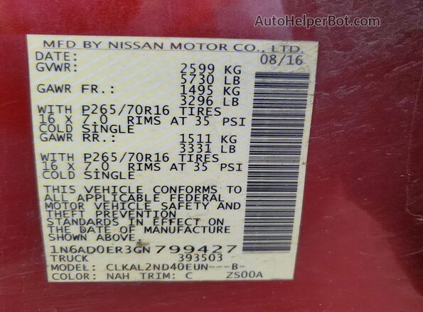 1N6AD0ER3GN799427 2016 NISSAN FRONTIER Red Widok komory silnika