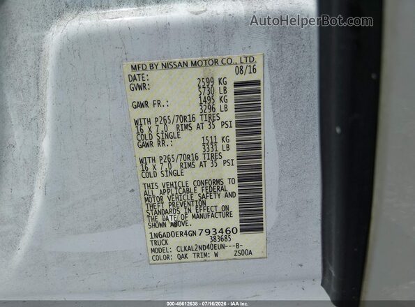 1N6AD0ER4GN793460 2016 NISSAN FRONTIER White ძრავის განყოფილების ხედი