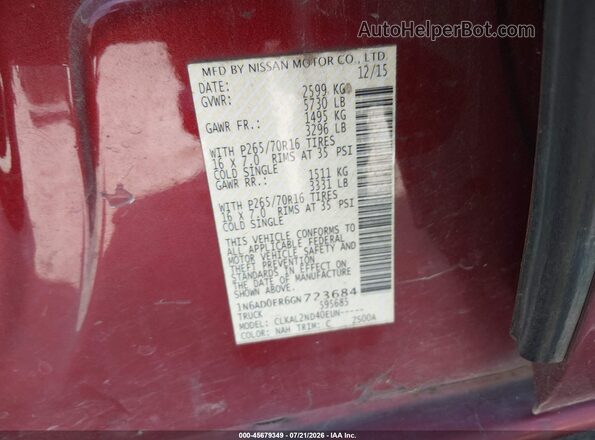 1N6AD0ER6GN723684 2016 NISSAN FRONTIER Red Շարժիչի բաժամունքի տեսք