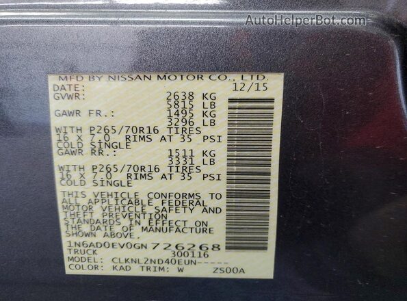 1N6AD0EV0GN726268 2016 NISSAN FRONTIER Gray Engine compartment view