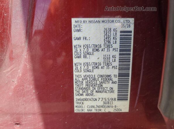 1N6AD0EV2GN775598 2016 NISSAN FRONTIER Red Вид підкапотного простору