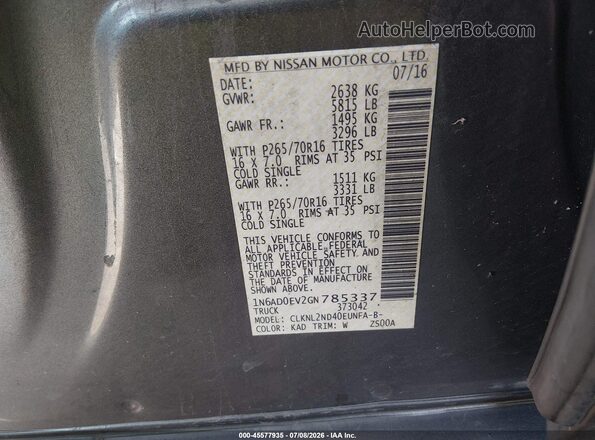 1N6AD0EV2GN785337 2016 NISSAN FRONTIER Серый Вид подкапотного пространства