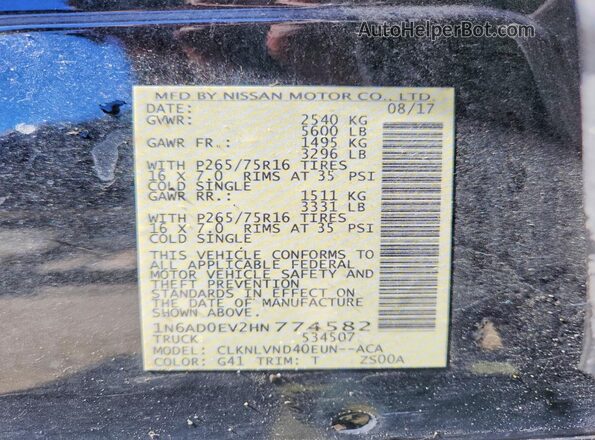 1N6AD0EV2HN774582 2017 NISSAN FRONTIER Черный Вид наклейки с VIN-кодом
