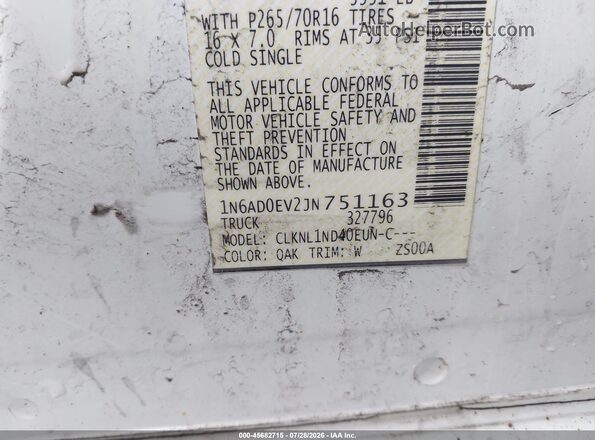 1N6AD0EV2JN751163 2018 NISSAN FRONTIER White Вид підкапотного простору