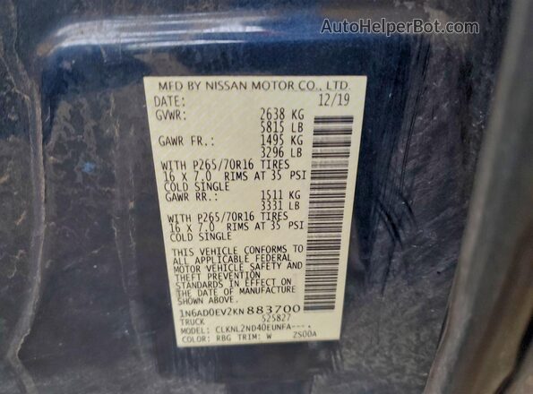 1N6AD0EV2KN883700 2019 NISSAN FRONTIER Blue Вид підкапотного простору