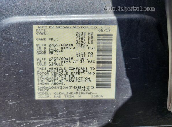 1N6AD0EV3JN768425 2018 NISSAN FRONTIER Gray Вид наклейки з VIN-кодом