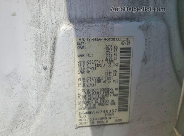 1N6AD0EV3KN749357 2019 NISSAN FRONTIER Белый Вид подкапотного пространства