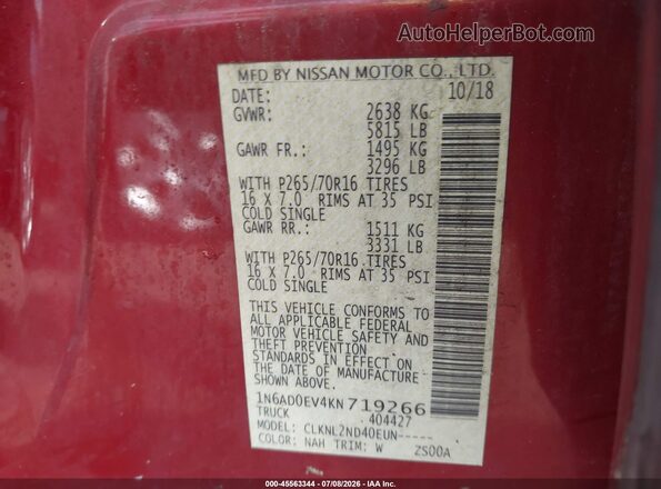 1N6AD0EV4KN719266 2019 NISSAN FRONTIER Red Вид підкапотного простору