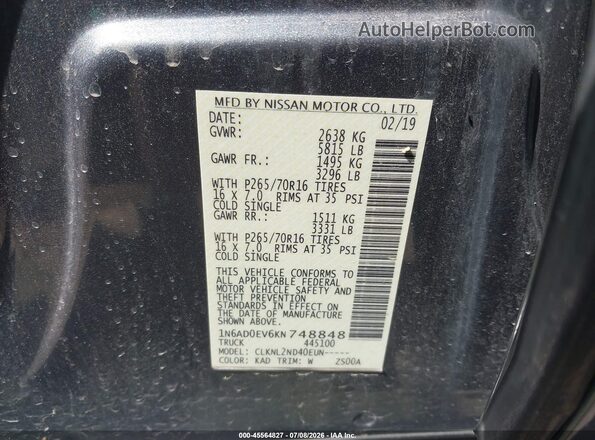 1N6AD0EV6KN748848 2019 NISSAN FRONTIER Gray Engine compartment view