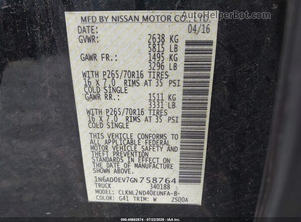 1N6AD0EV7GN758764 2016 NISSAN FRONTIER Black Вид підкапотного простору