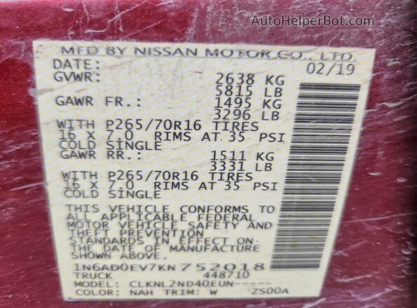 1N6AD0EV7KN752018 2019 NISSAN FRONTIER Burgundy ძრავის განყოფილების ხედი
