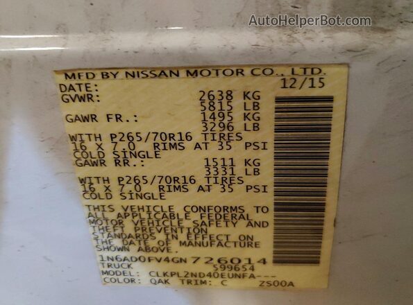1N6AD0FV4GN726014 2016 NISSAN FRONTIER Белый Вид наклейки с VIN-кодом