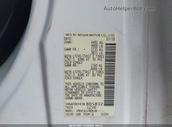 1N6AF0KY4JN805832 2018 NISSAN NV CARGO NV3500 HD White Vista de la etiqueta del VIN