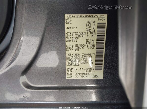 1N6BA1F21GN513465 2016 NISSAN TITAN XD Gray ძრავის განყოფილების ხედი