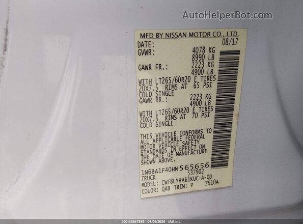 1N6BA1F40HN565656 2017 NISSAN TITAN XD White Շարժիչի բաժամունքի տեսք