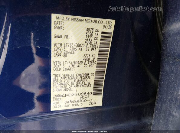 1N6BA1F41GN509840 2016 NISSAN TITAN XD Dark Blue Вид підкапотного простору