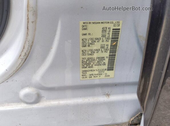 1N6BA1F46JN521358 2018 NISSAN TITAN White VIN კოდის სტიკერის ხედი