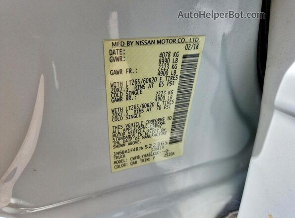 1N6BA1F48JN522365 2018 NISSAN TITAN White VIN կոդի պիտակի տեսք